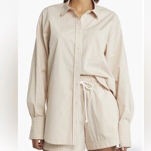 NWT FRAME Denim khaki with white stripes The Oversized Shirt Pinstripe, Size L.